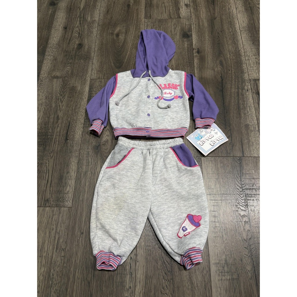 Vintage Little By Little Pants Set Girls 12 Mos Gray Hooded Fleece 2 Pc Outfit